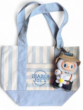 Trader Joe's Light Blue & Cream Striped Canvas Tote Bag. Labubu NOT included